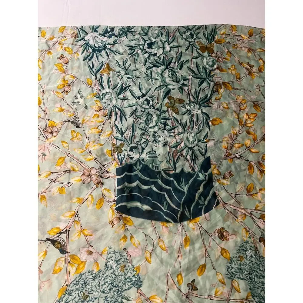Women's Light Green Scarf 68 X‎ 36 Bird's Flowers and Planted Tree Rolled Hem
